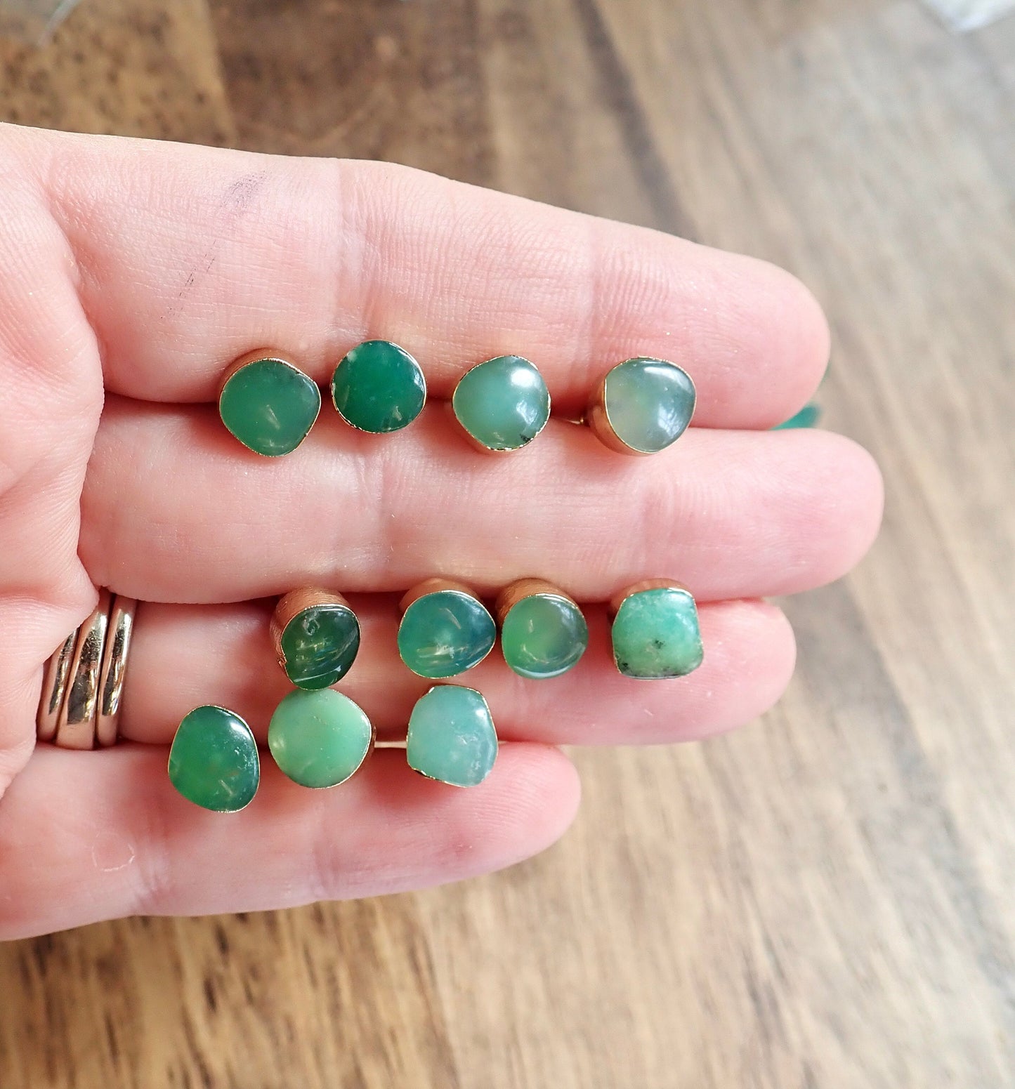 Green Chrysoprase Earrings – 14K Gold Electroplated Gemstone Stud Earrings – Handmade Gift for Her