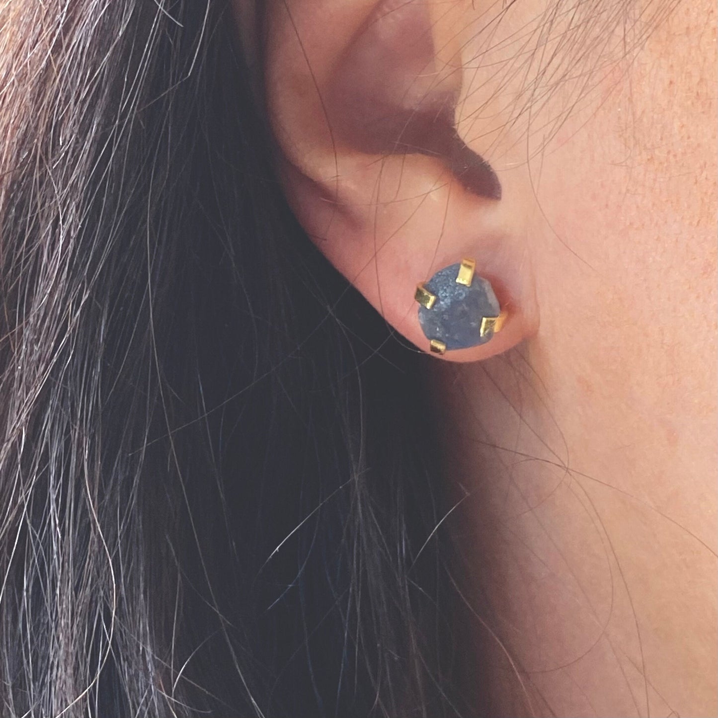 Raw Sapphire Prong Set Earrings – 14k Gold Plated, Natural Gemstone Studs