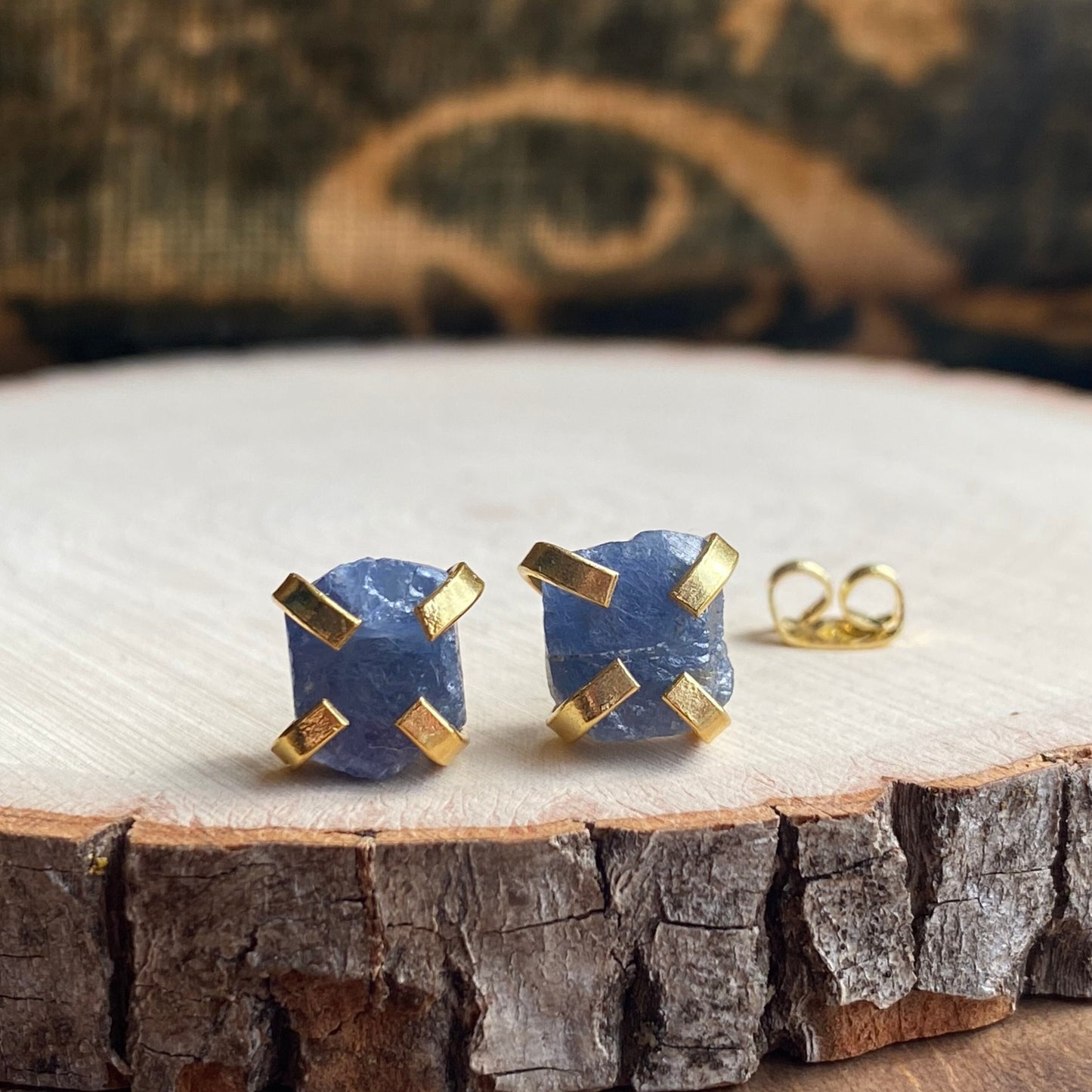 Raw Sapphire Prong Set Earrings – 14k Gold Plated, Natural Gemstone Studs