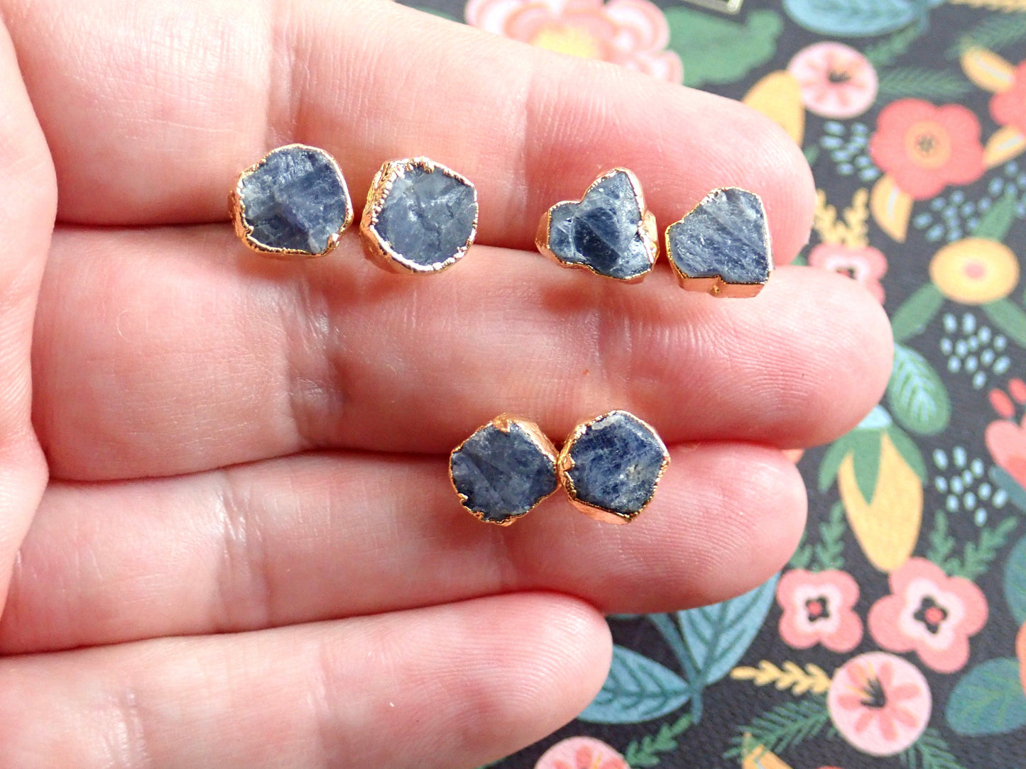 Raw Sapphire Stud Earrings – Gold Vermeil Natural Gemstone Studs - September Birthstone Studs