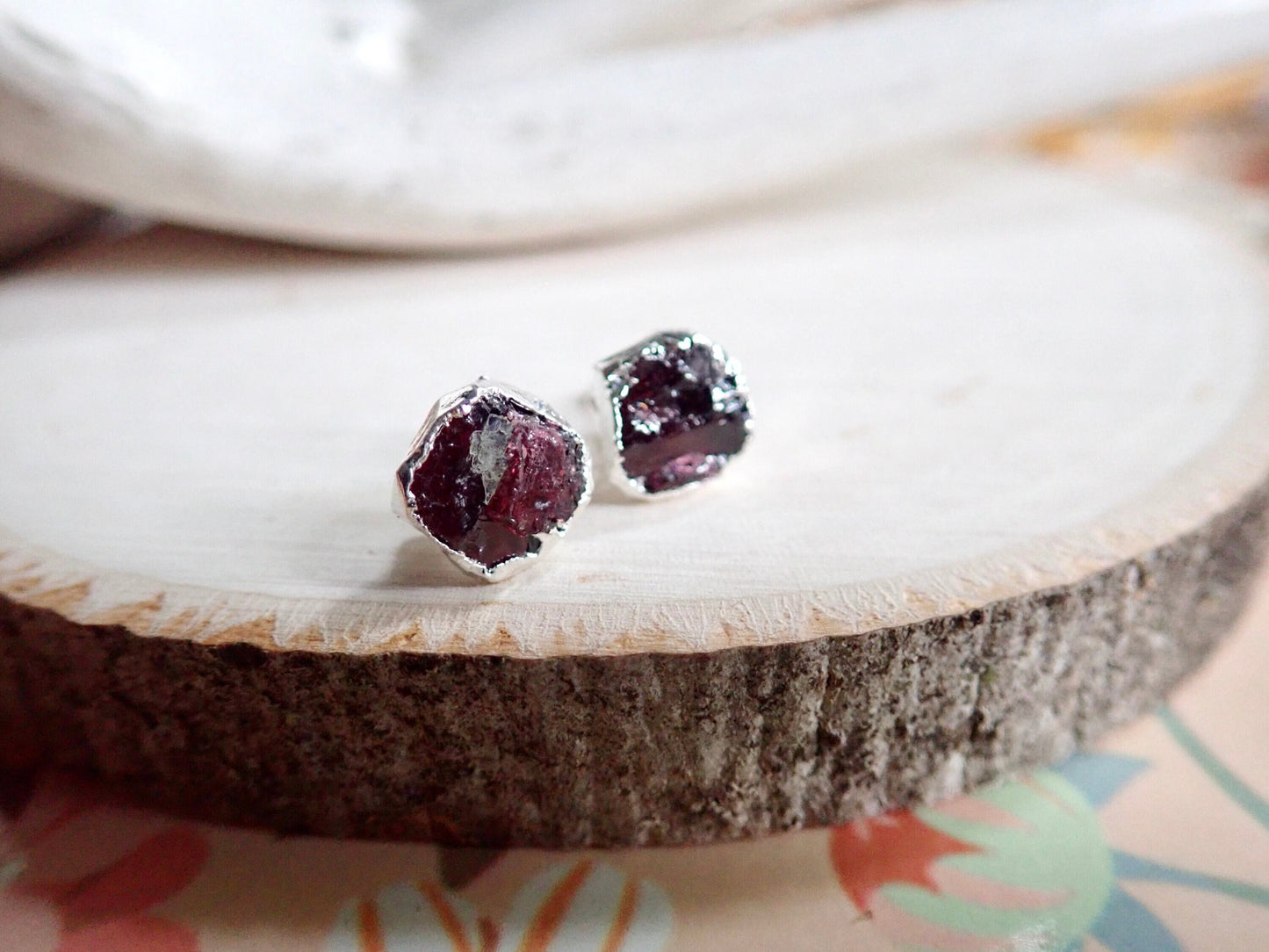 Organic Garnet Stud Earrings | Handcrafted Sterling Silver Studs - Hypo-Allergenic Earrings