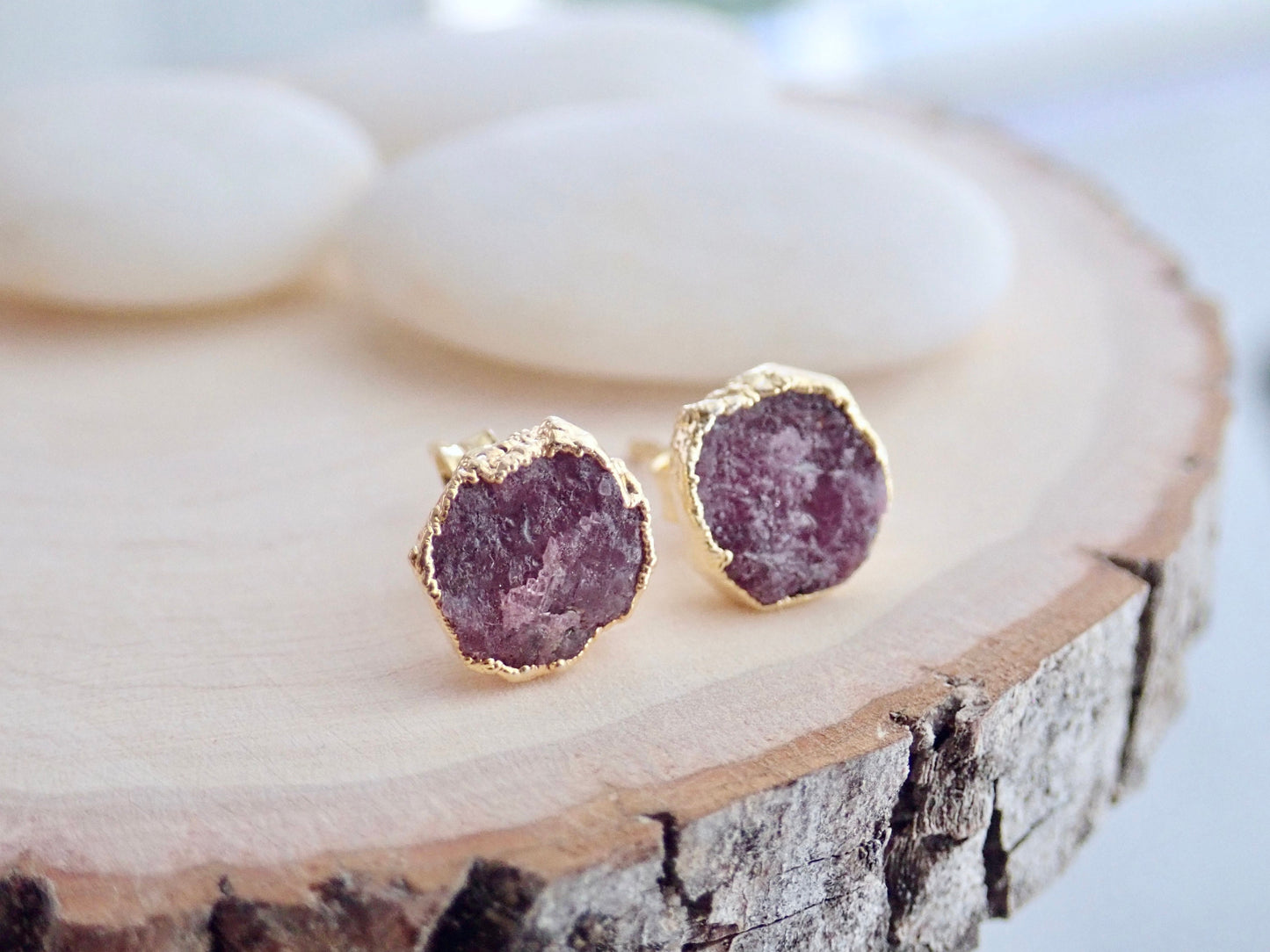 Raw Ruby Stud Earrings – Rough Gemstones in 14k Gold Over Sterling Silver, July Birthstone Jewelry