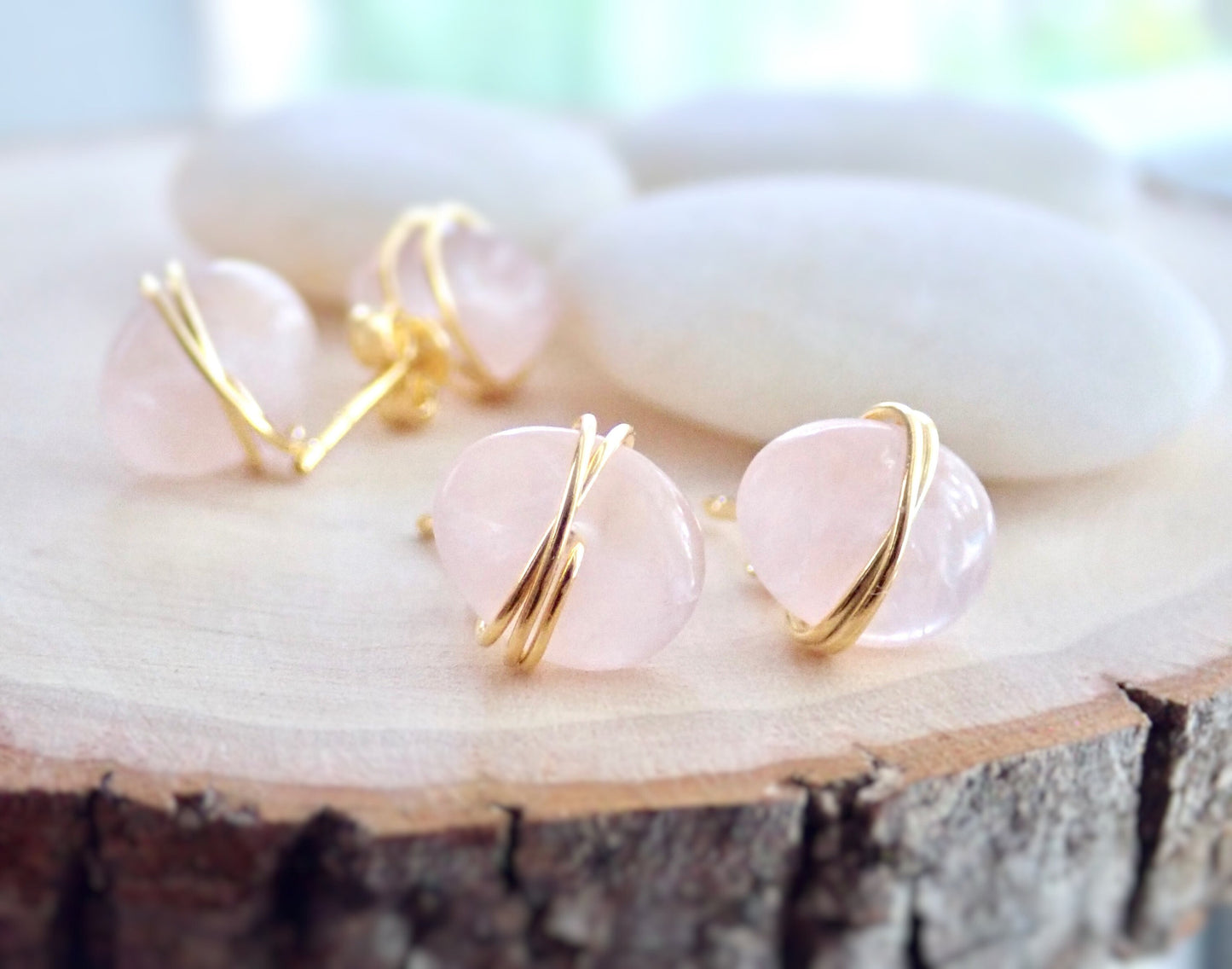Rose Quartz Stud Earrings | Wire Wrapped Gemstone Earrings, Pink Crystal Post Earrings, Rose Quartz Jewelry, January Birthstone Gift for Her