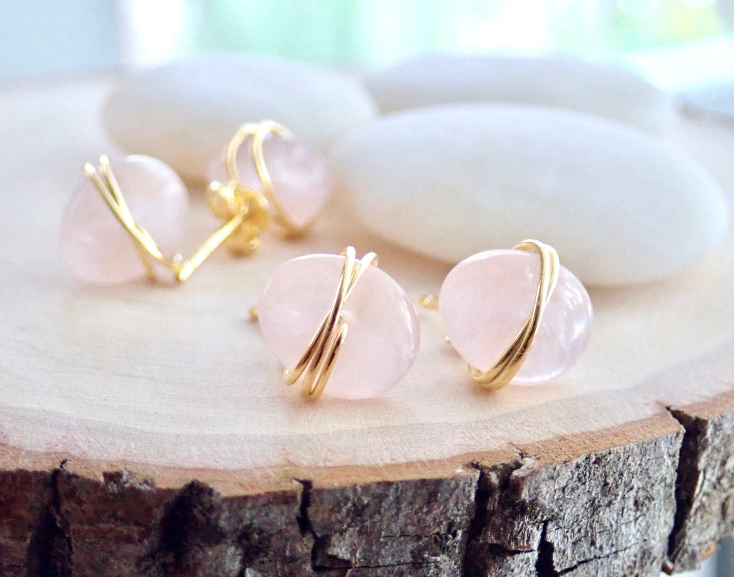 Rose Quartz Stud Earrings | Wire Wrapped Gemstone Earrings, Pink Crystal Post Earrings, Rose Quartz Jewelry, January Birthstone Gift for Her