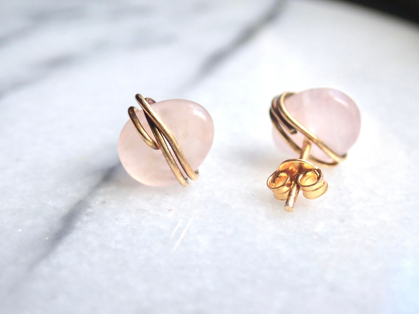 Rose Quartz Stud Earrings | Wire Wrapped Gemstone Earrings, Pink Crystal Post Earrings, Rose Quartz Jewelry, January Birthstone Gift for Her