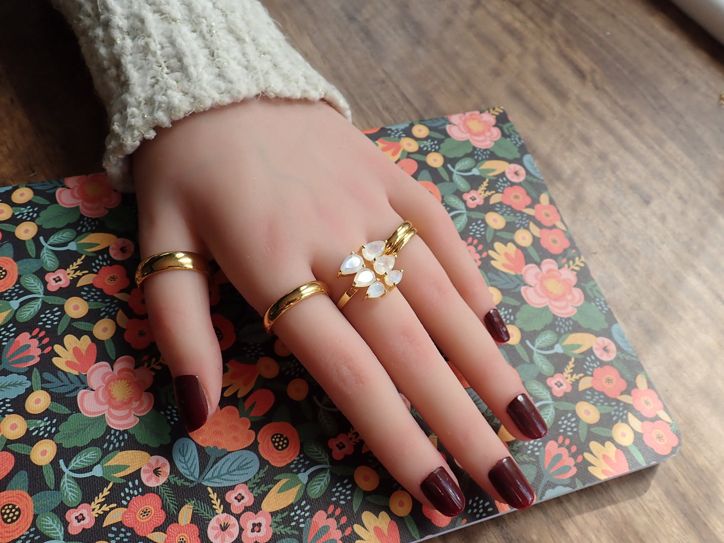 Open Moonstone Gemstone Ring Gold, Moonstone Jewelry, Gold Crystal Cocktail Ring, Adjustable Statement Ring for Women, June Birthstone Ring