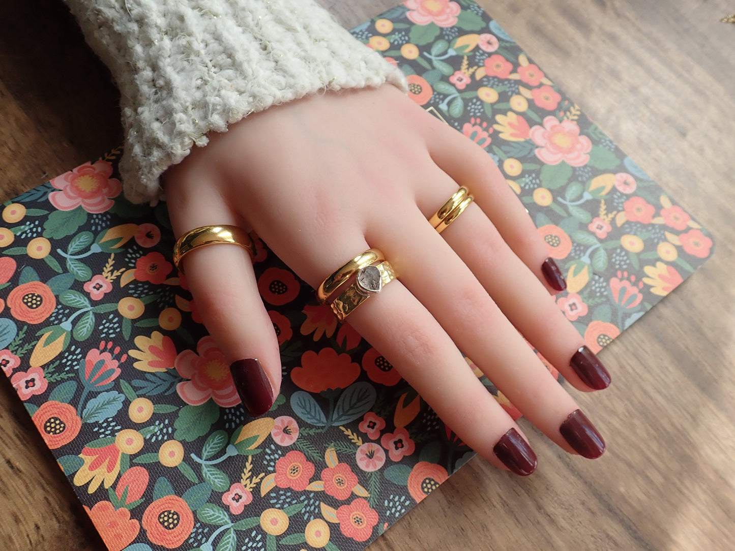 Raw Herkimer Diamond Ring – Wide Hammered Band in Two-Tone Gold & Silver - Rustic Herkimer Diamond Ring – Mixed Metal Band with Raw Crystal Solitaire