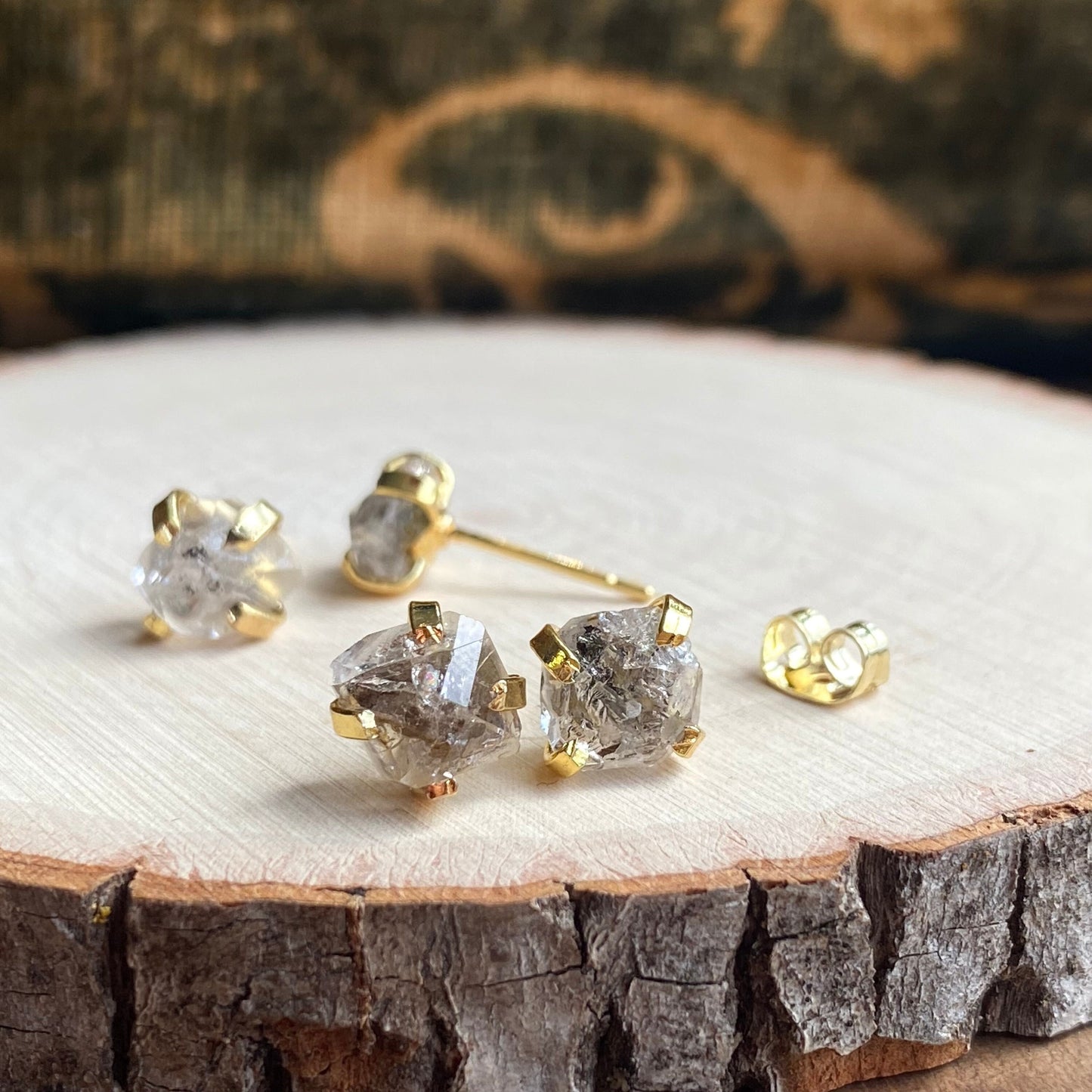 Raw Herkimer Diamond Stud Earrings – 14k Gold Plated Prong Set | Natural Crystal Earrings for Women