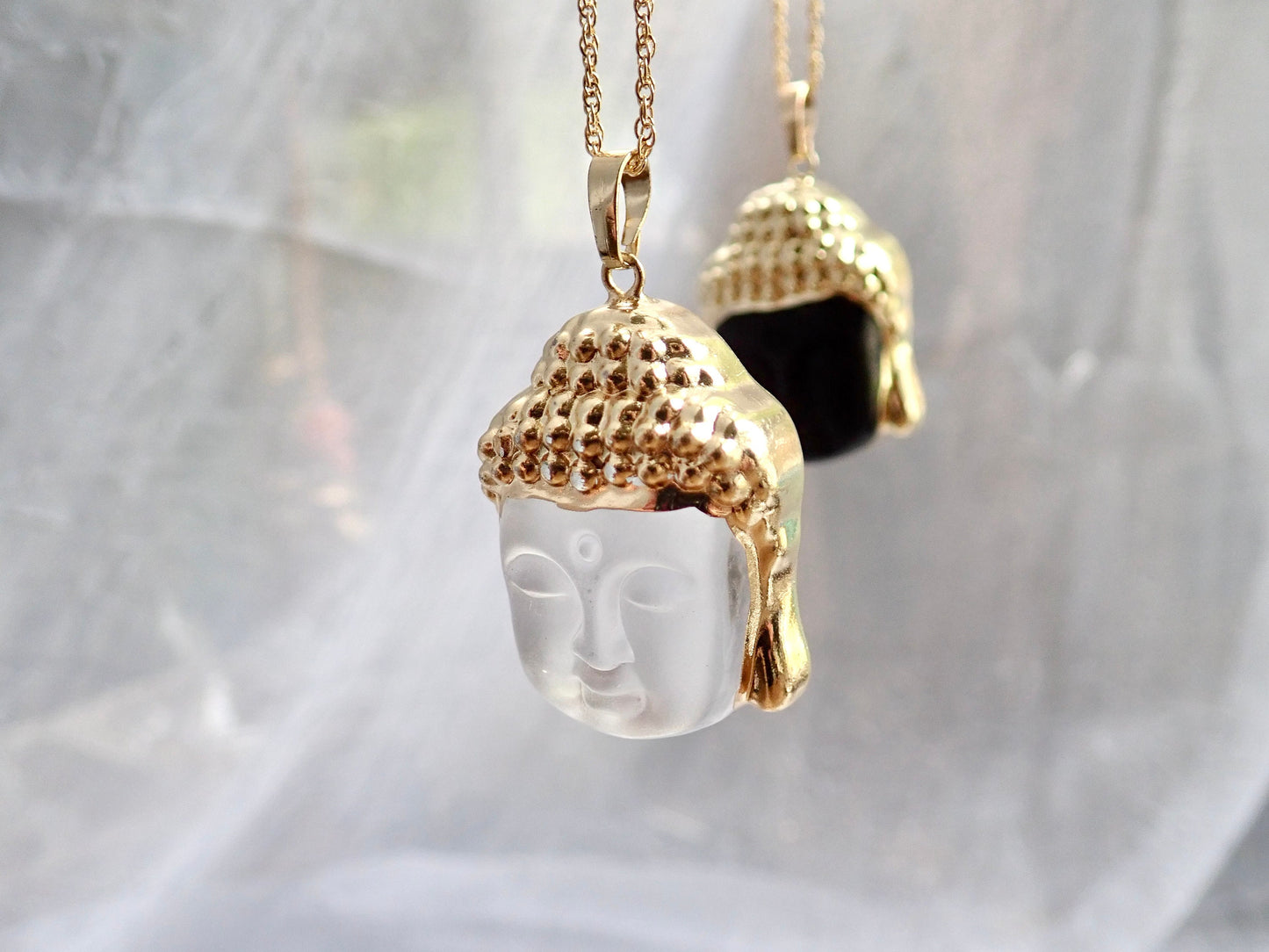 Buddha Head Pendant Necklace – 14k Gold Plated | Frosted or Matte Black Glass | 16" or 18" Gold Fill Chain