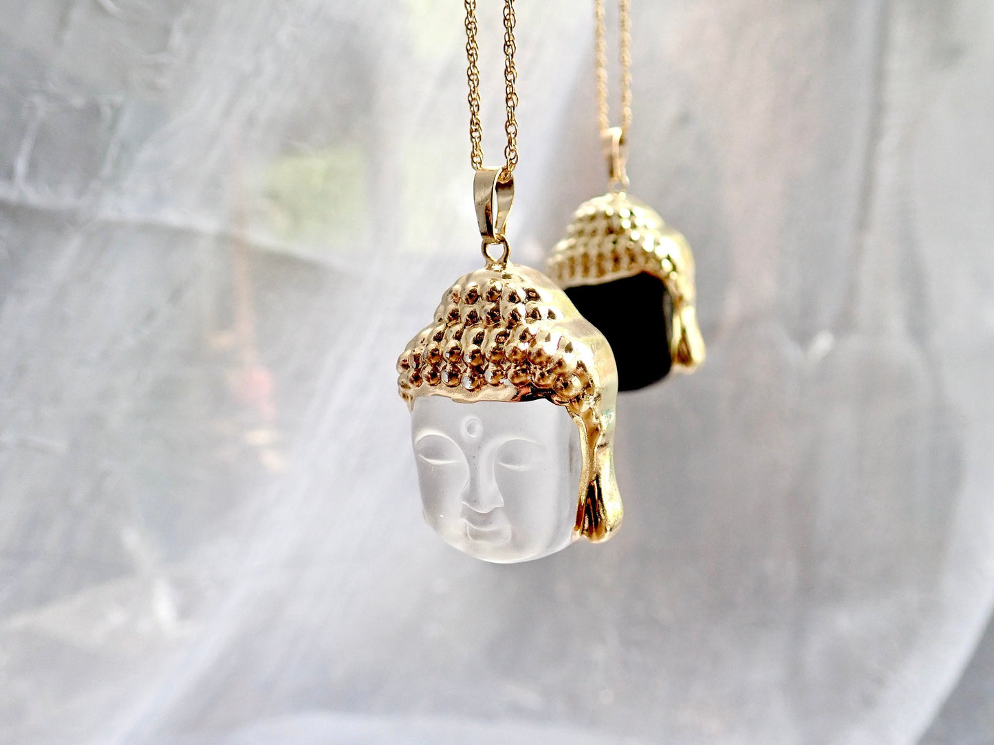 Buddha Head Pendant Necklace – 14k Gold Plated | Frosted or Matte Black Glass | 16" or 18" Gold Fill Chain