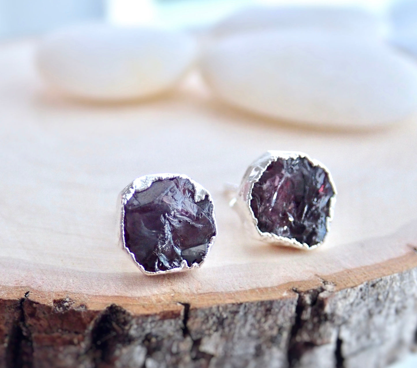 Organic Garnet Stud Earrings | Handcrafted Sterling Silver Studs - Hypo-Allergenic Earrings
