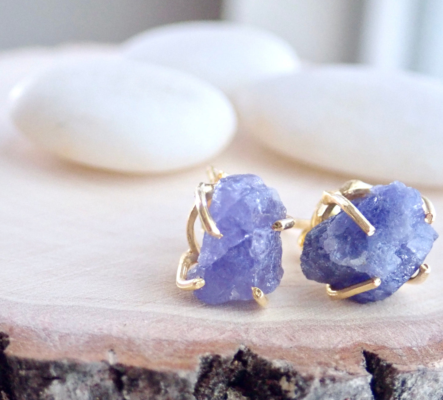 Raw Tanzanite Stud Earrings – Gold Plated Prong Setting | December Birthstone Gemstone Jewelry