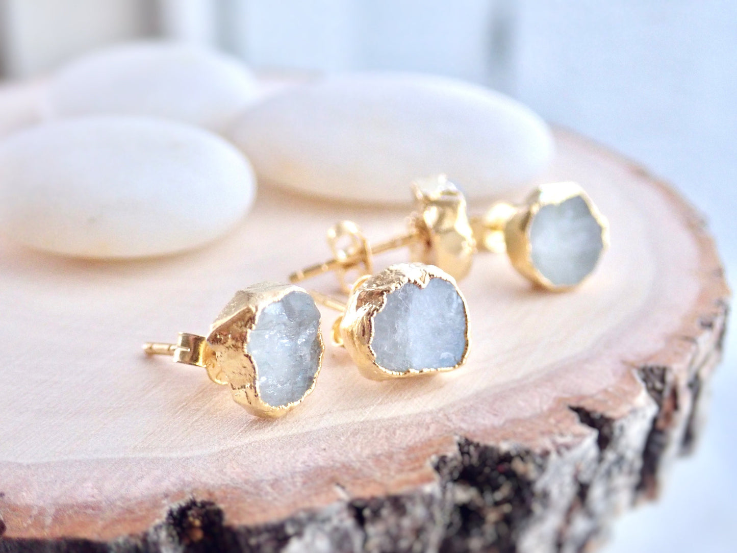 Natural Raw Gemstone Earrings – Moonstone 14k Gold Electroplated Studs