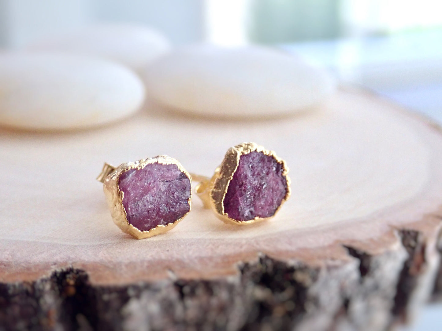 Raw Ruby Stud Earrings – Rough Gemstones in 14k Gold Over Sterling Silver, July Birthstone Jewelry