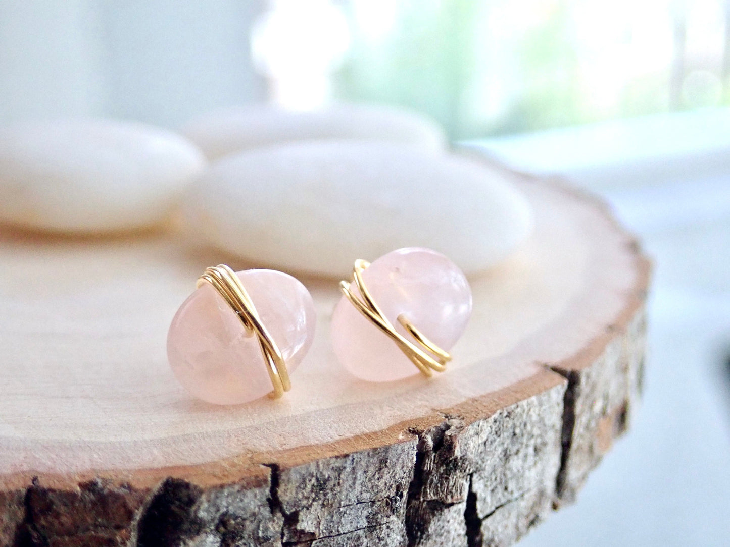 Rose Quartz Stud Earrings | Wire Wrapped Gemstone Earrings, Pink Crystal Post Earrings, Rose Quartz Jewelry, January Birthstone Gift for Her