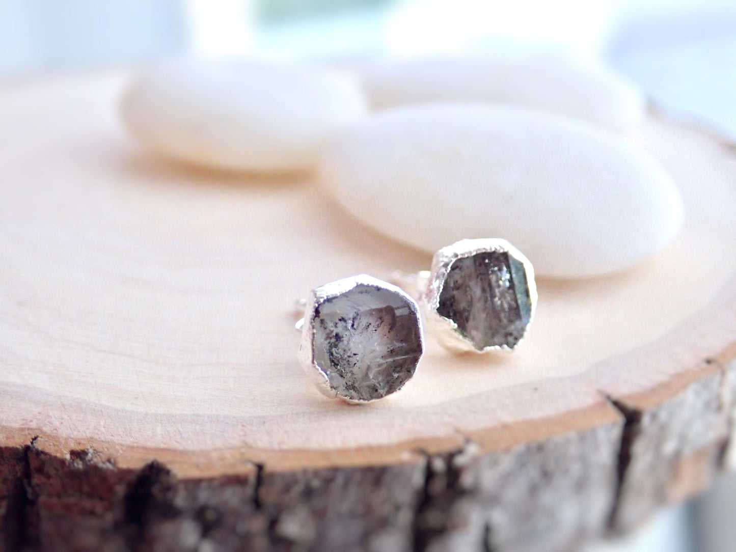 Raw Herkimer Diamond Stud Earrings | 14K Gold Plated | Natural Crystal Jewelry
