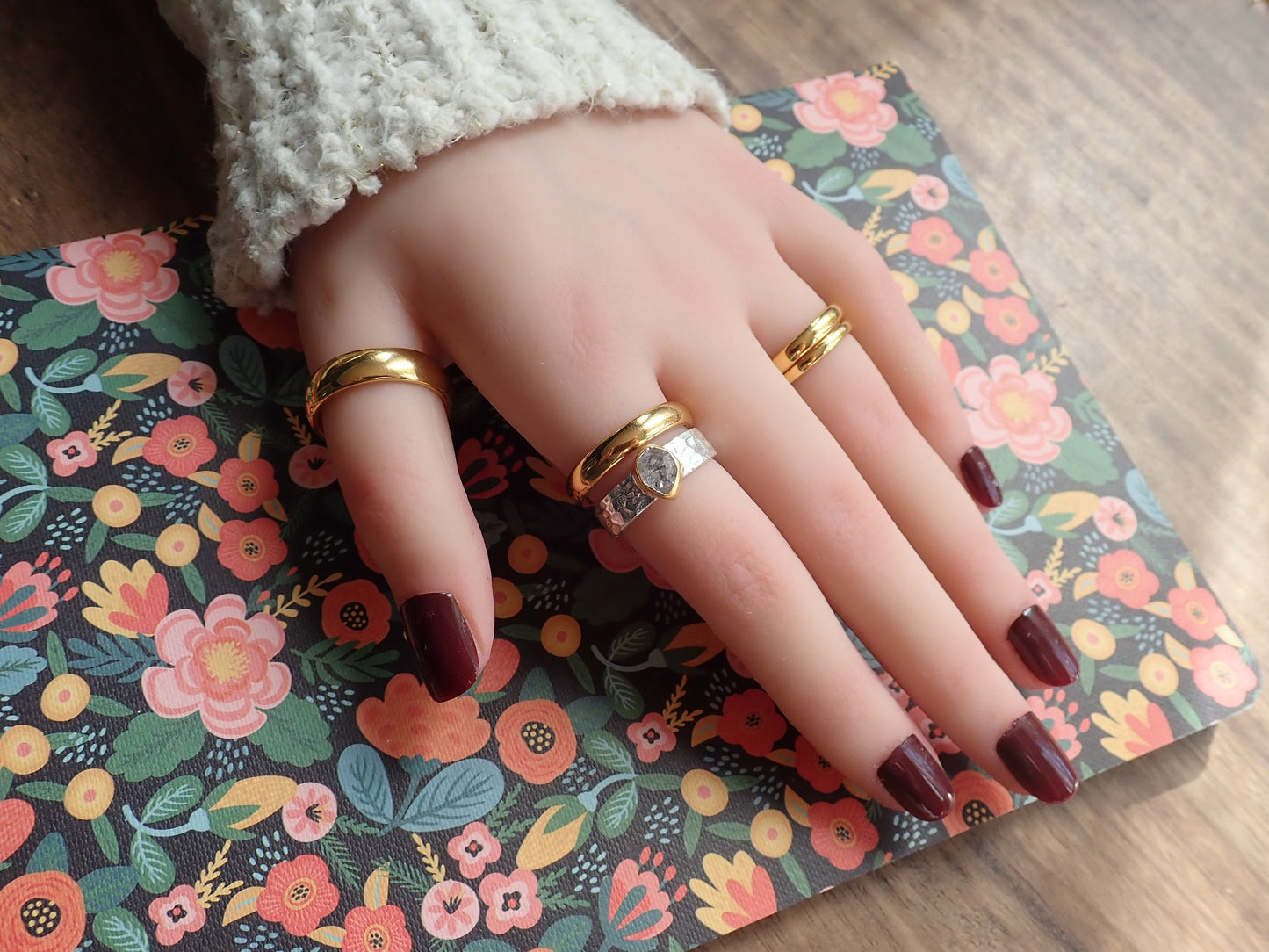 Raw Herkimer Diamond Ring – Wide Hammered Band in Two-Tone Gold & Silver - Rustic Herkimer Diamond Ring – Mixed Metal Band with Raw Crystal Solitaire