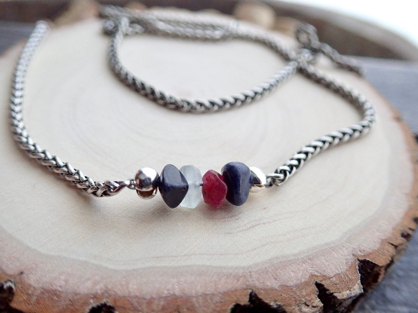 Family Birthstone Necklace for Dad – Raw Genuine Birthstones – Men's Stainless Steel Wheat Chain – Personalized Father’s Day Gift – Tarnish-Proof