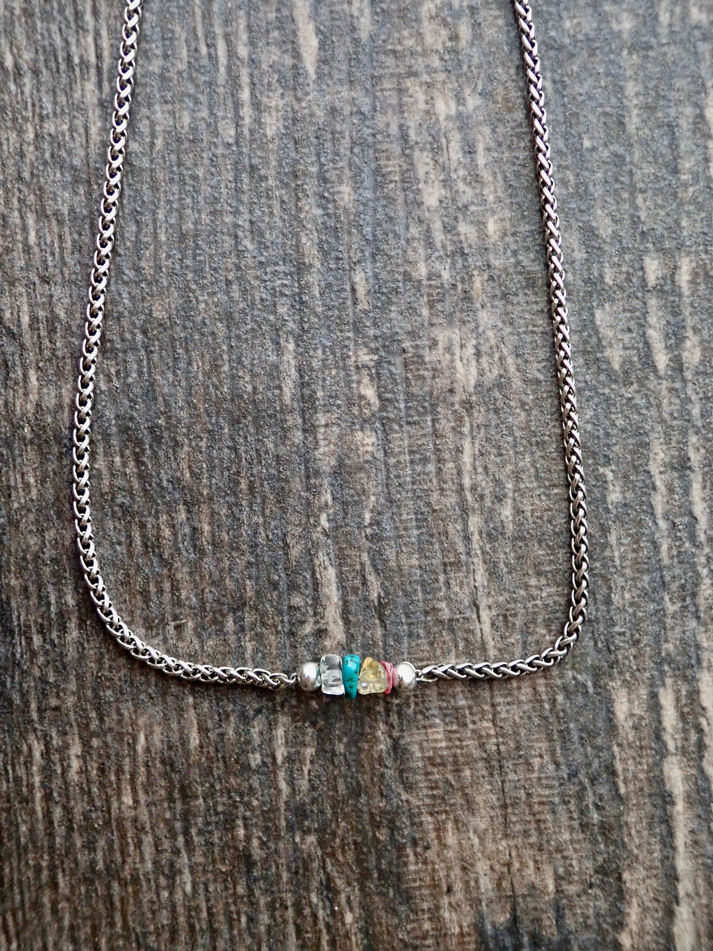 Family Birthstone Necklace for Dad – Raw Genuine Birthstones – Men's Stainless Steel Wheat Chain – Personalized Father’s Day Gift – Tarnish-Proof