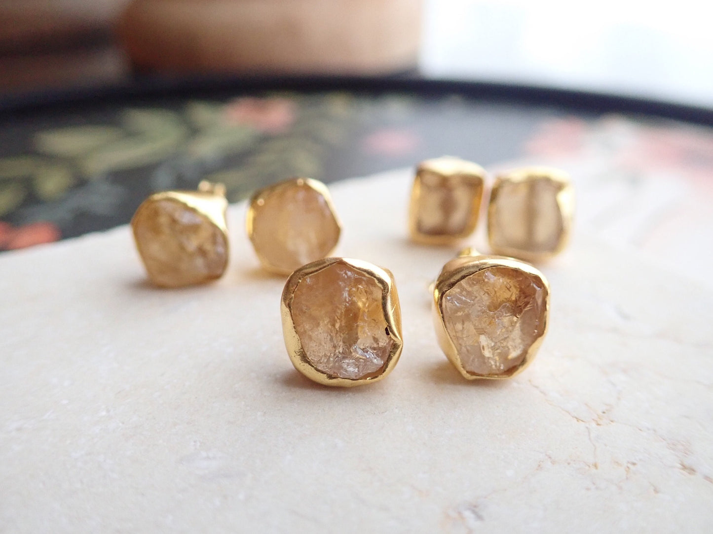Raw Citrine Stud Earrings – 18k Gold Vermeil over Sterling Silver, Hypoallergenic