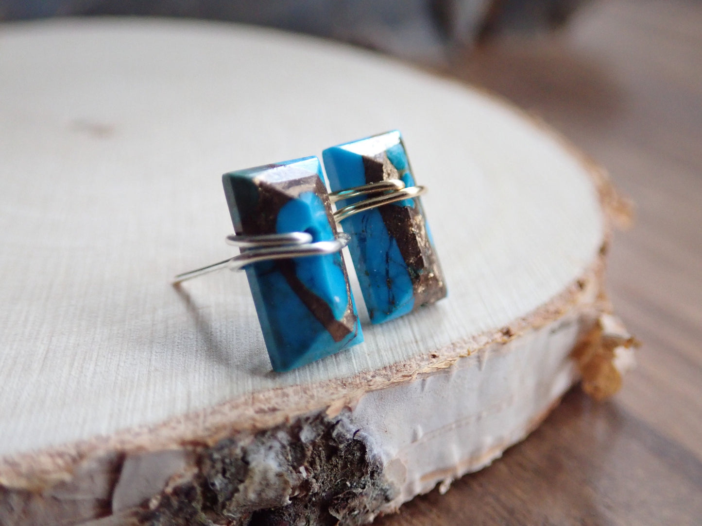 Turquoise Stud Earrings Gold Sterling Silver, Rectangle Stone Posts, Copper Turquoise Bar Earrings,Wire Wrap Stud Earrings,Turquoise Jewelry