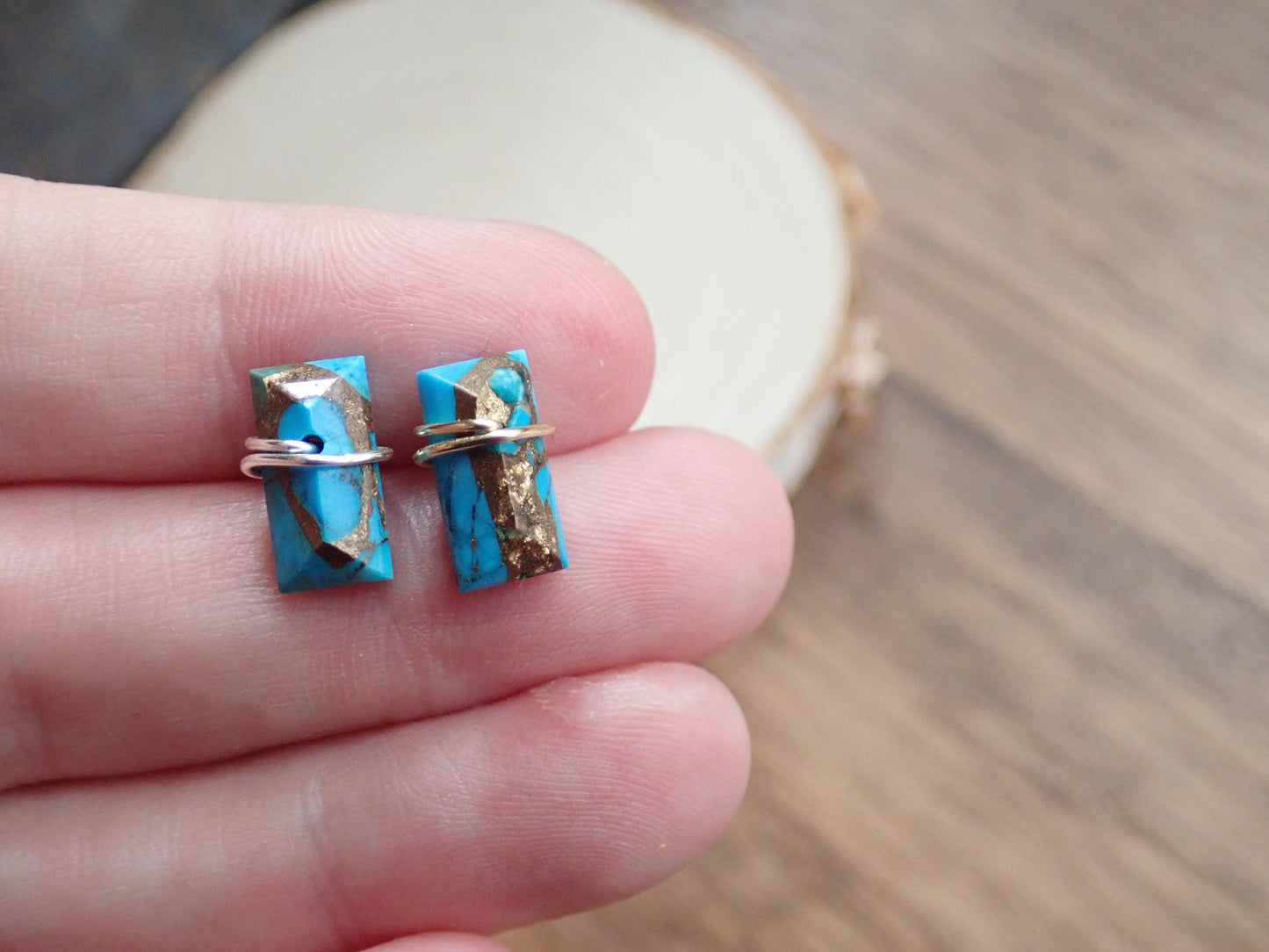 Turquoise Stud Earrings Gold Sterling Silver, Rectangle Stone Posts, Copper Turquoise Bar Earrings,Wire Wrap Stud Earrings,Turquoise Jewelry