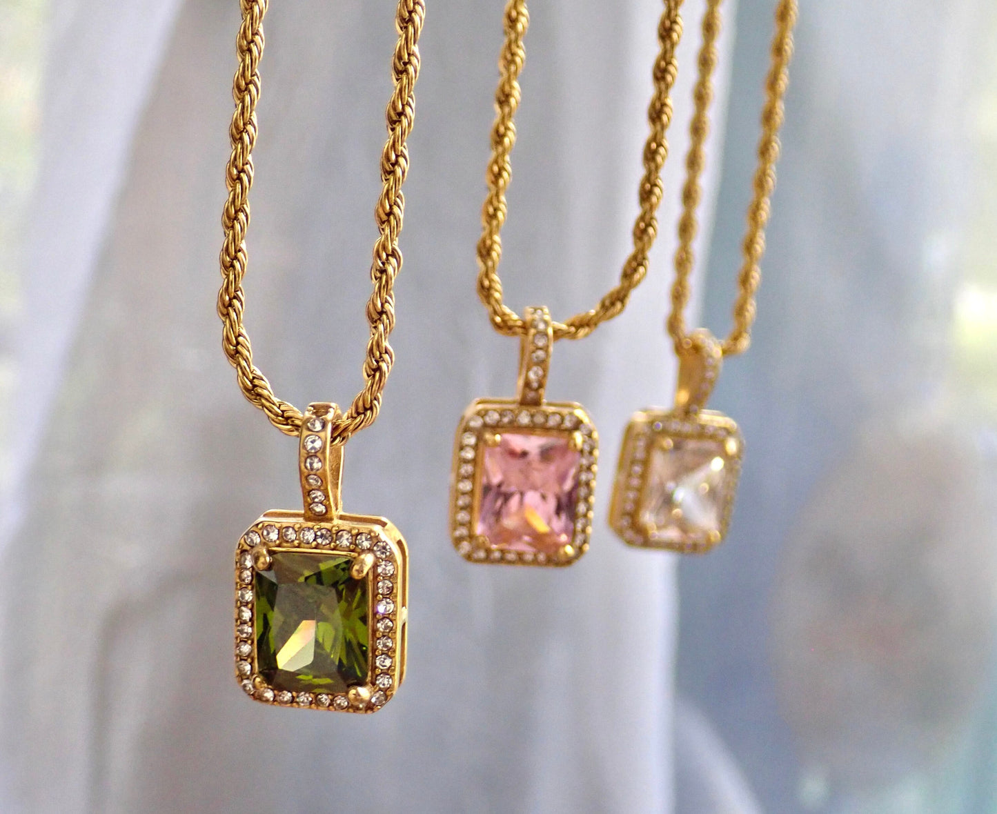 Waterproof Zircon Emerald Cut Gemstone Necklace – 18k Gold Filled Pavé Pendant on Chunky Rope Chain – Tarnish-Free Jewelry in Pink, Olivine, or Diamond