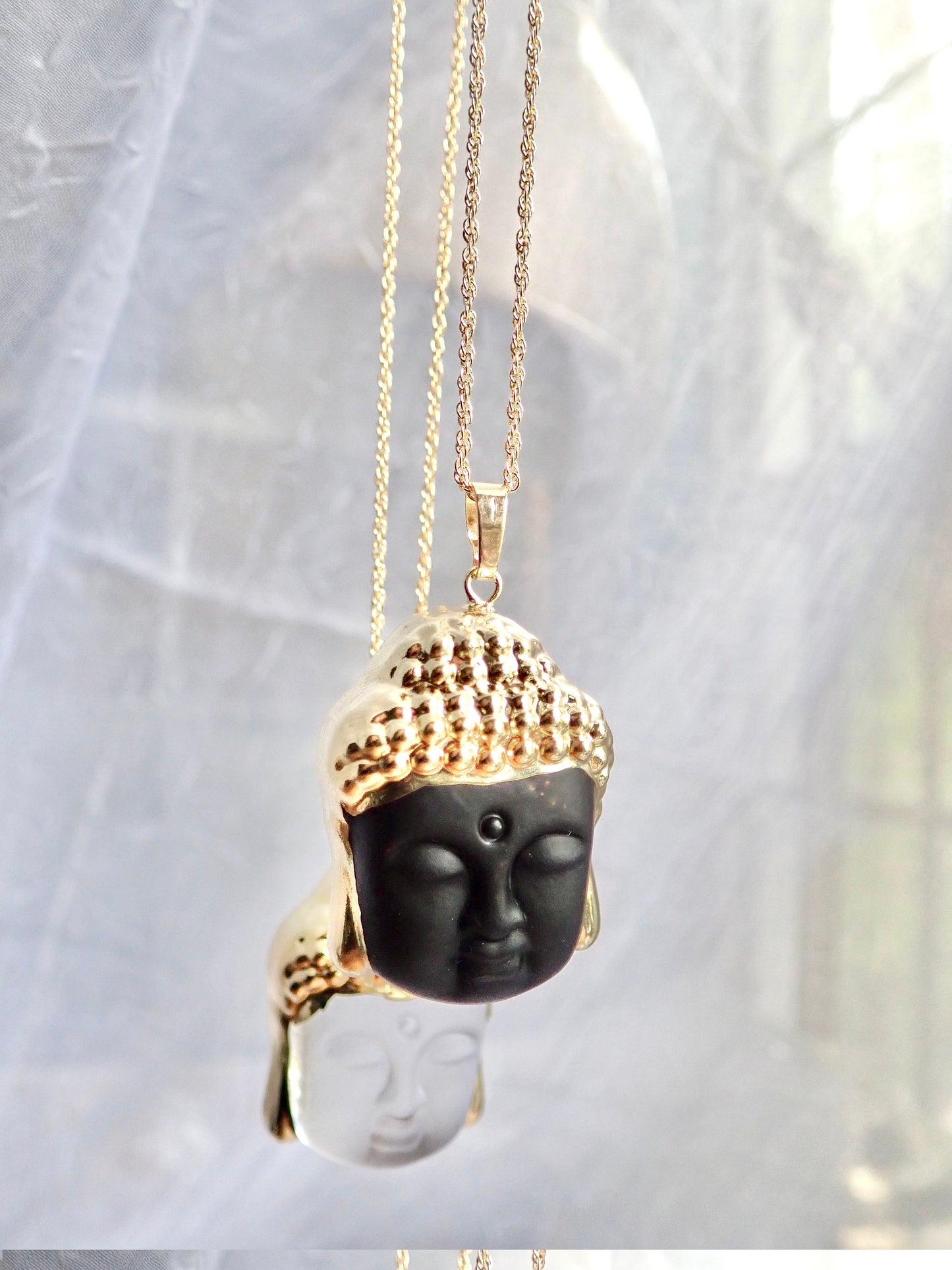 Buddha Head Pendant Necklace – 14k Gold Plated | Frosted or Matte Black Glass | 16" or 18" Gold Fill Chain