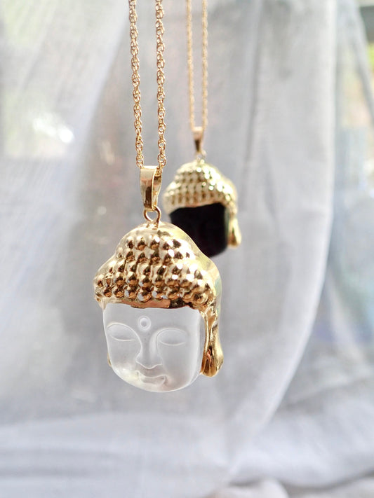 Buddha Head Pendant Necklace – 14k Gold Plated | Frosted or Matte Black Glass | 16" or 18" Gold Fill Chain
