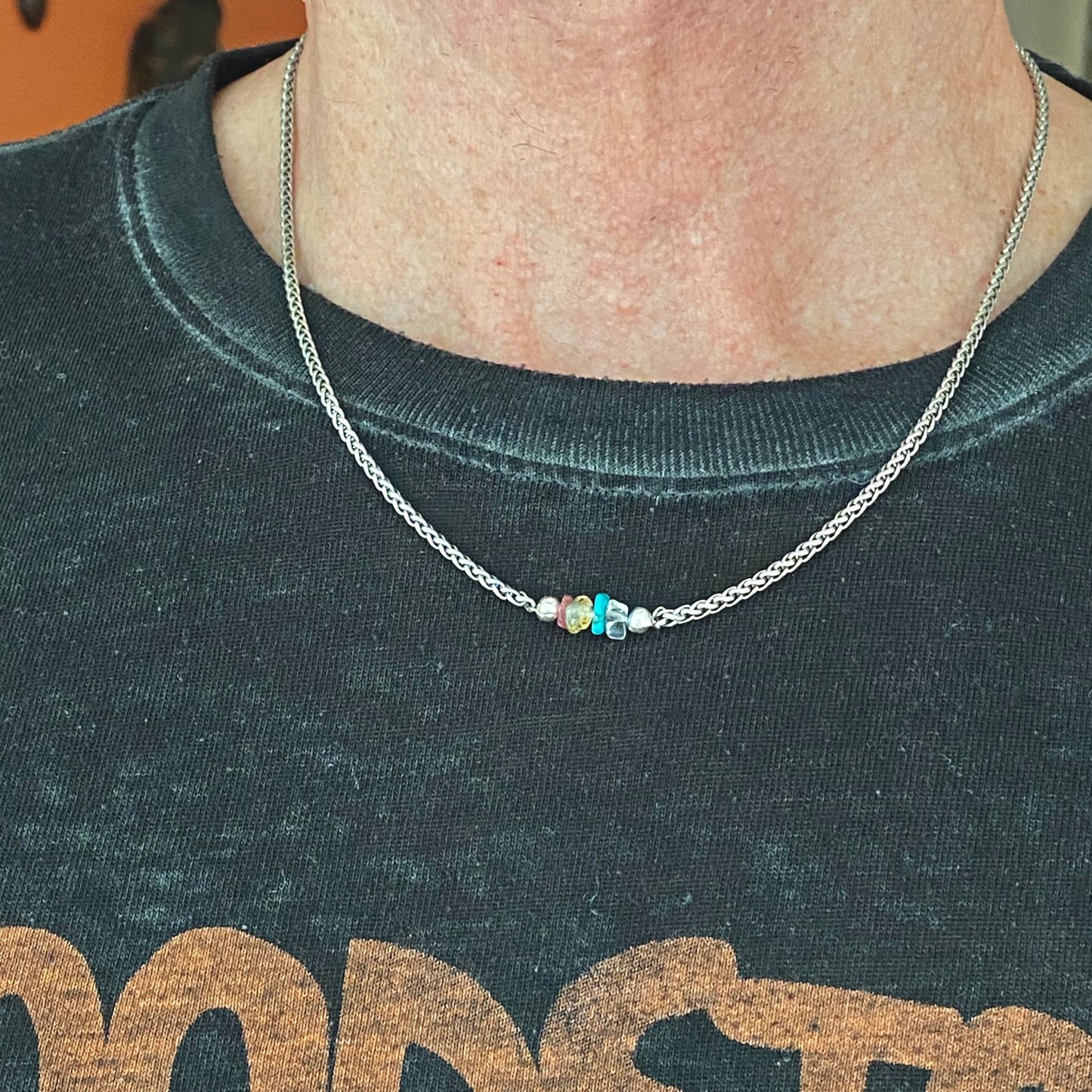 Family Birthstone Necklace for Dad – Raw Genuine Birthstones – Men's Stainless Steel Wheat Chain – Personalized Father’s Day Gift – Tarnish-Proof