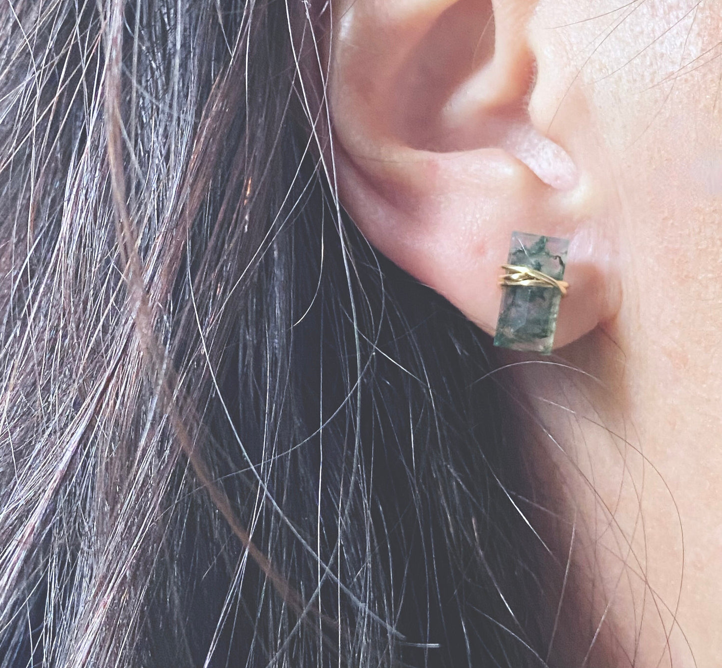 Prehnite Stud Earrings, Wire Wrapped Baguette Gemstone Studs, Rectangle Natural Raw Crystal Earrings,Dainty Silver Gold Jewelry Gift for Her