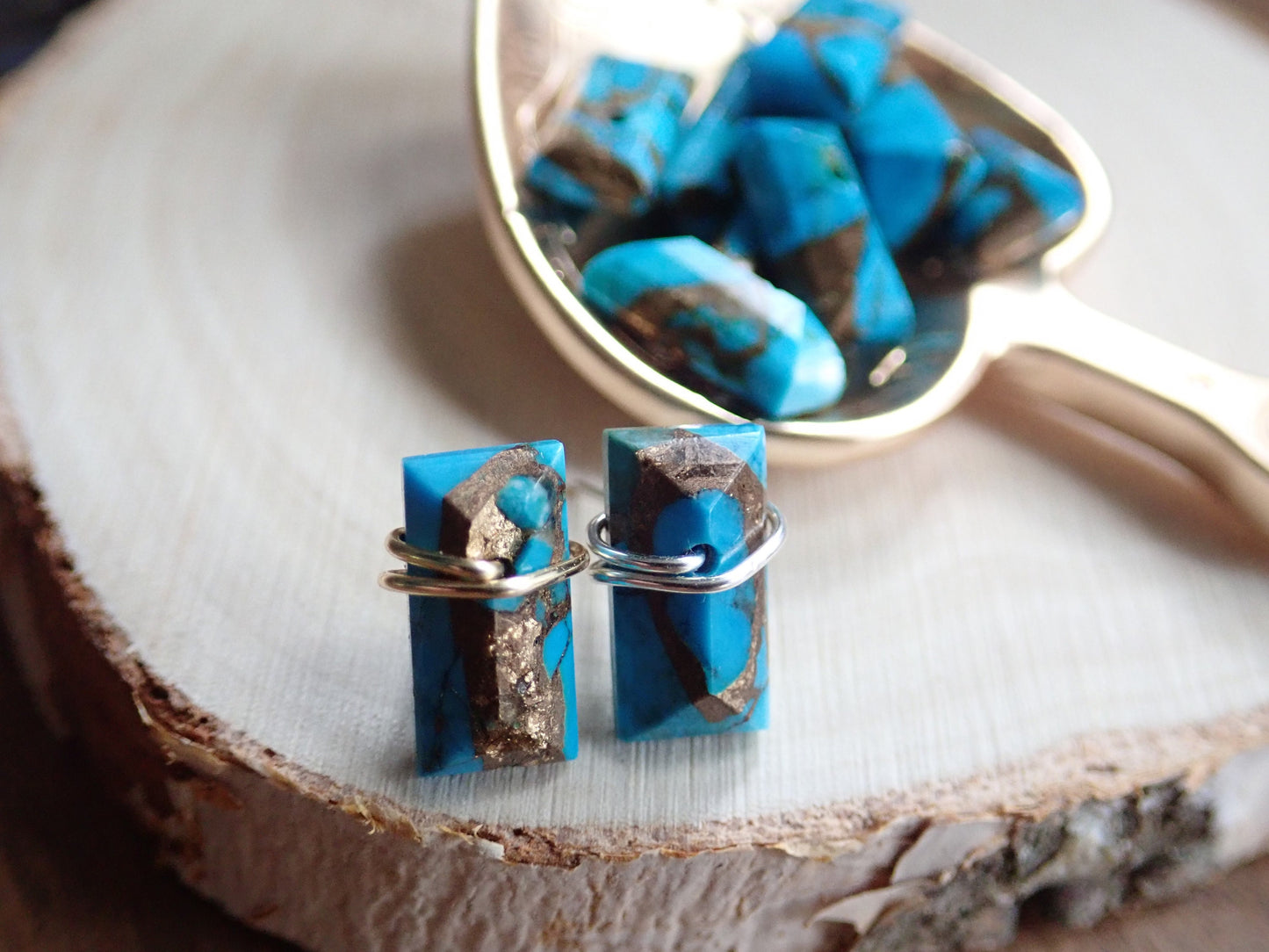 Turquoise Stud Earrings Gold Sterling Silver, Rectangle Stone Posts, Copper Turquoise Bar Earrings,Wire Wrap Stud Earrings,Turquoise Jewelry