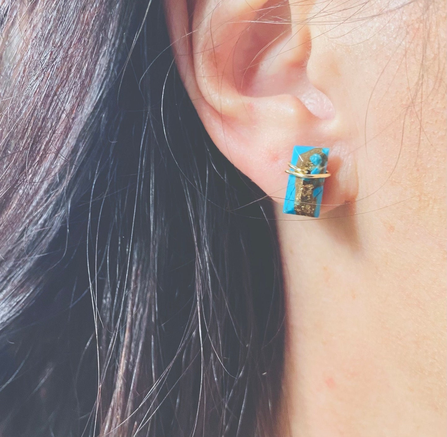 Turquoise Stud Earrings Gold Sterling Silver, Rectangle Stone Posts, Copper Turquoise Bar Earrings,Wire Wrap Stud Earrings,Turquoise Jewelry