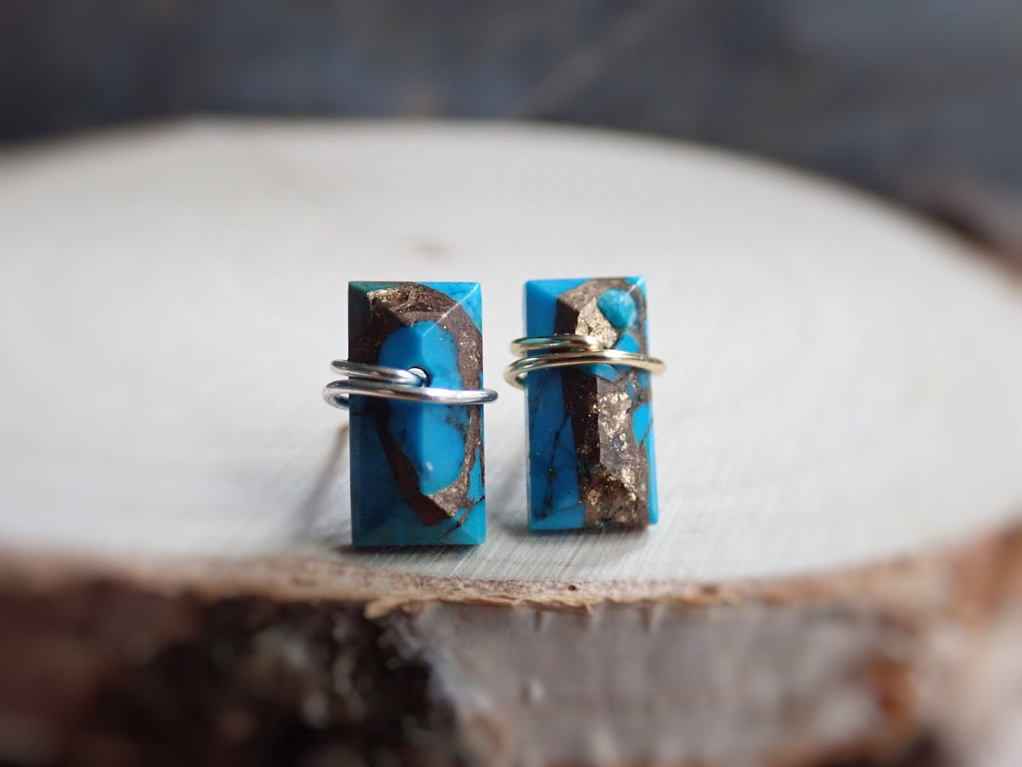 Turquoise Stud Earrings Gold Sterling Silver, Rectangle Stone Posts, Copper Turquoise Bar Earrings,Wire Wrap Stud Earrings,Turquoise Jewelry