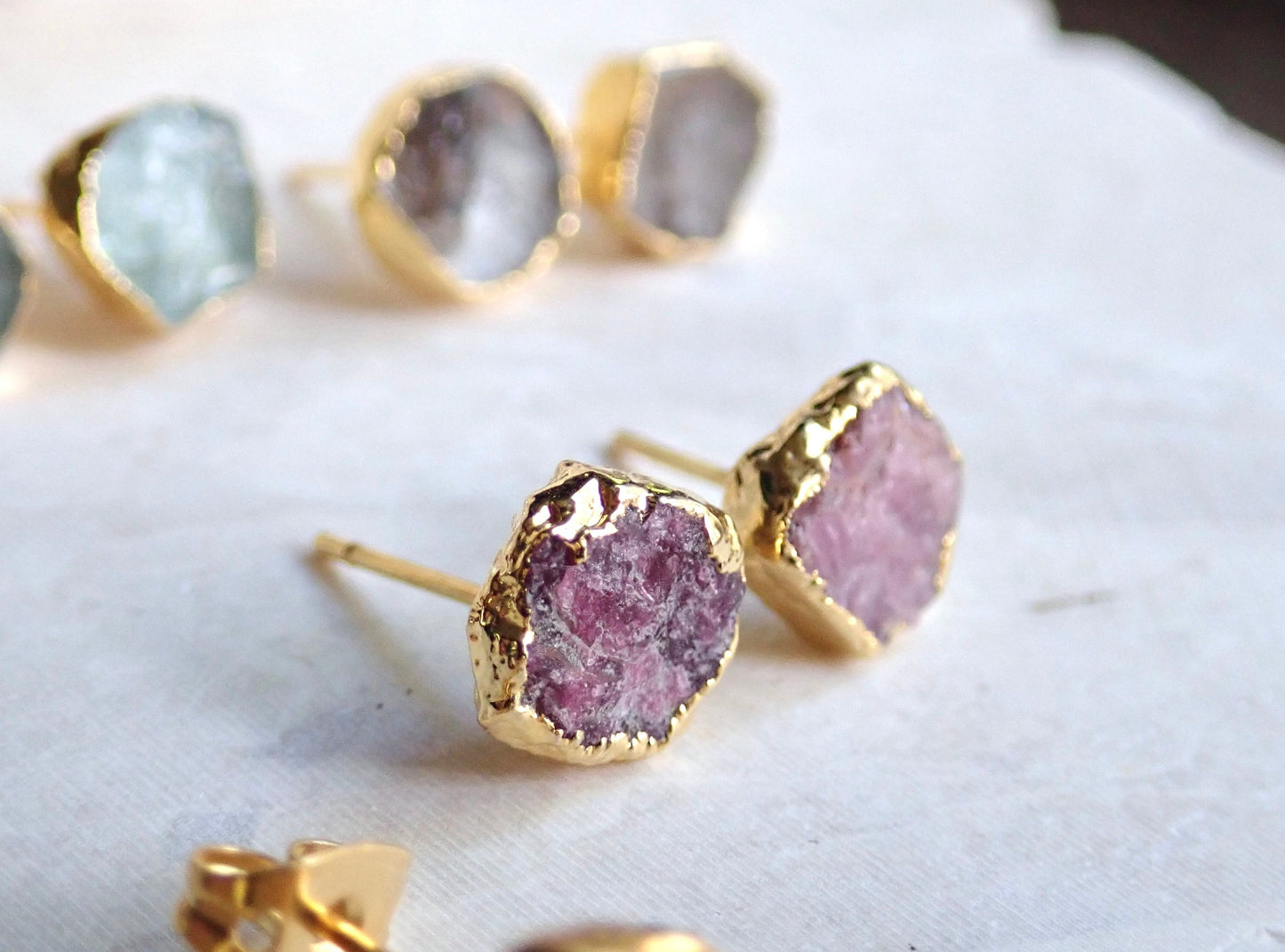 Raw Ruby Stud Earrings – Rough Gemstones in 14k Gold Over Sterling Silver, July Birthstone Jewelry