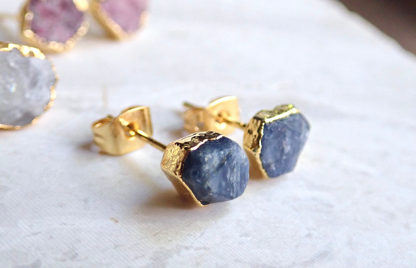 Raw Sapphire Stud Earrings – Gold Vermeil Natural Gemstone Studs - September Birthstone Studs