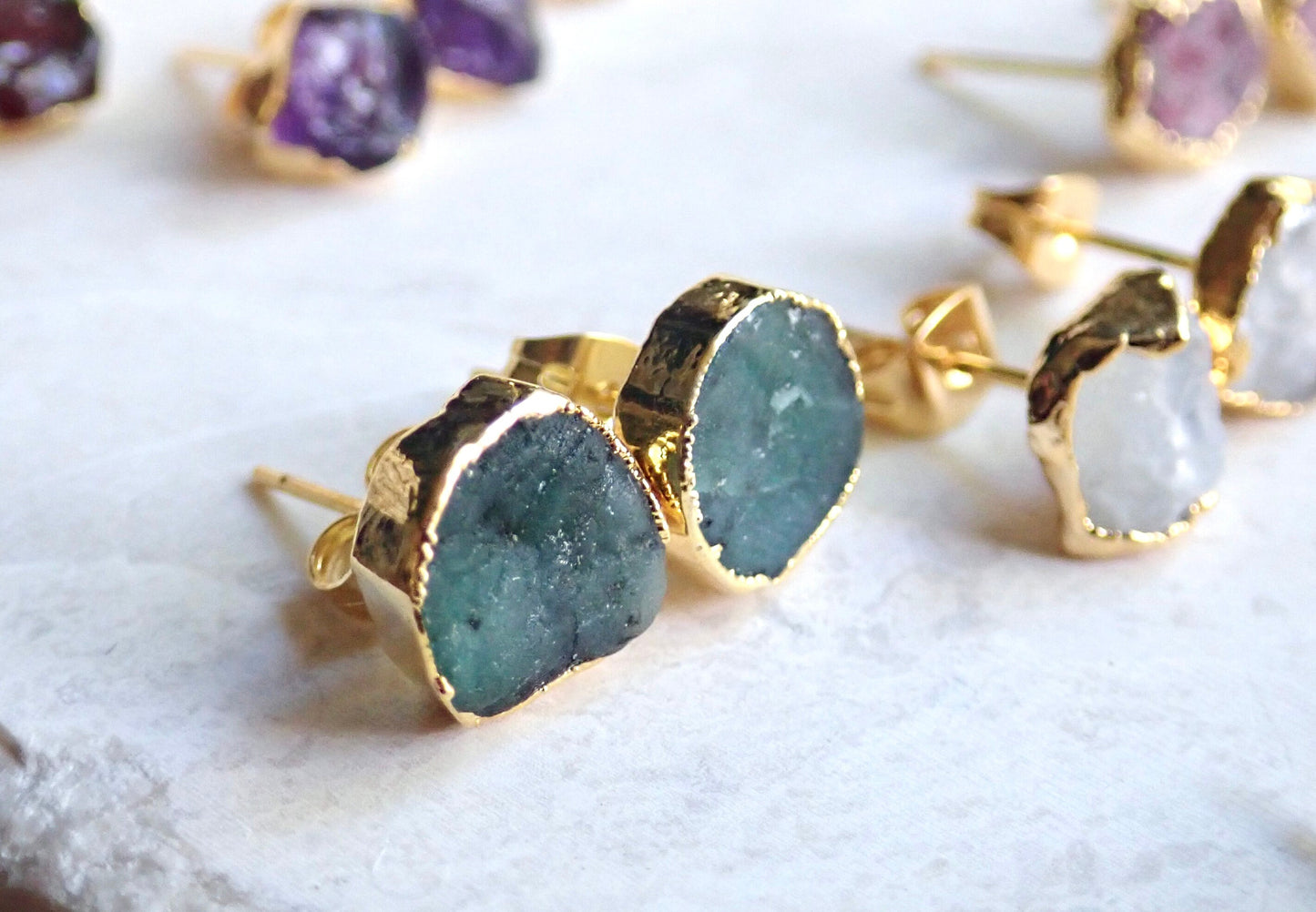 Raw Emerald Stud Earrings Electroplated in 14k Gold - NaturalGemstone Jewelry - May Birthstone Gift
