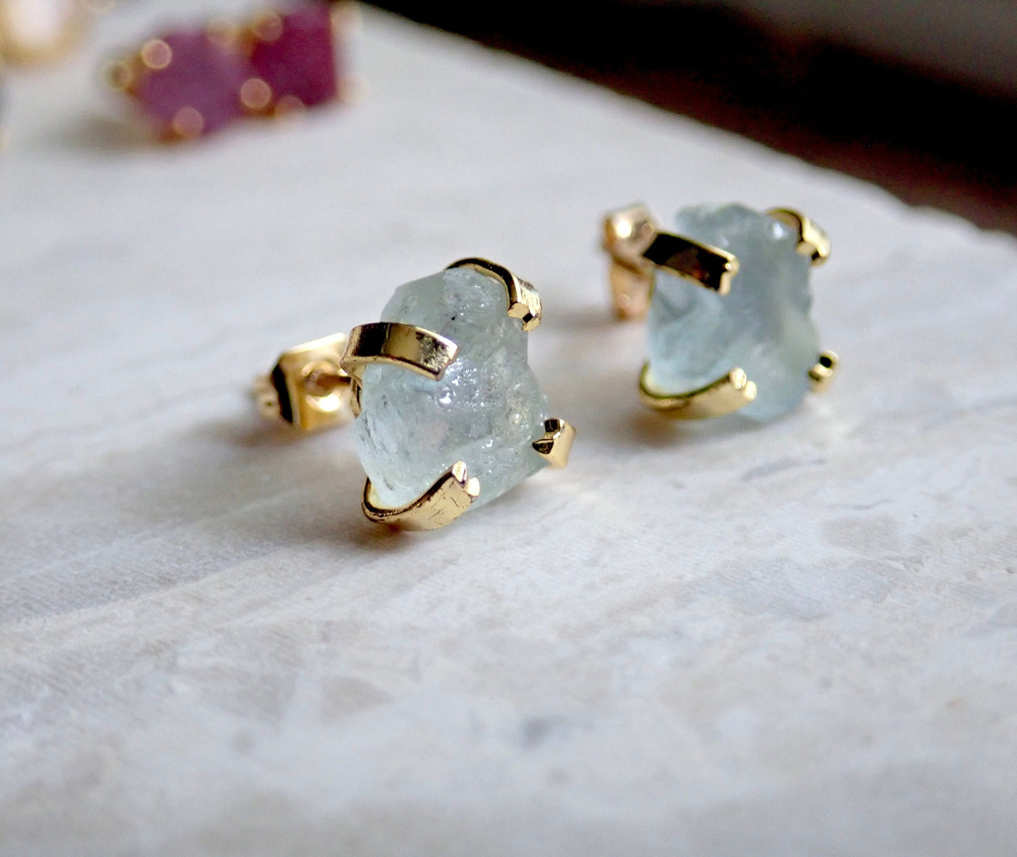 Raw Aquamarine Stud Earrings • Natural Gemstone Earrings, 14k Gold Studs, March Birthstone, Raw Crystal Jewelry, Minimalist Gift for Her