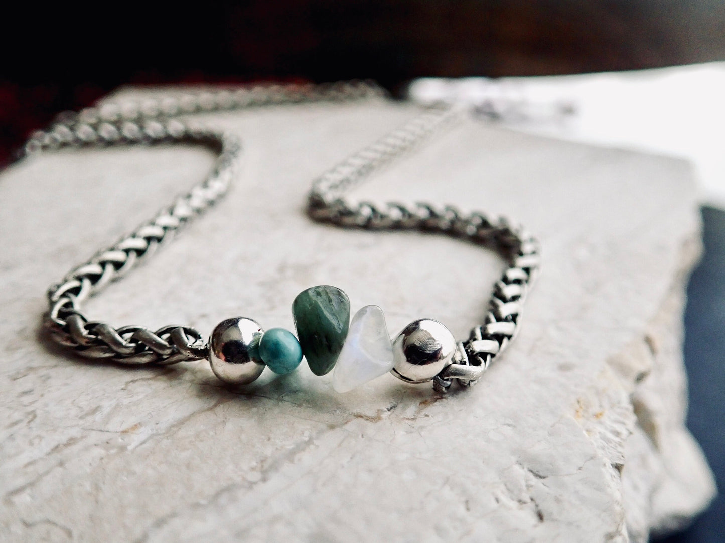 Family Birthstone Necklace for Dad – Raw Genuine Birthstones – Men's Stainless Steel Wheat Chain – Personalized Father’s Day Gift – Tarnish-Proof