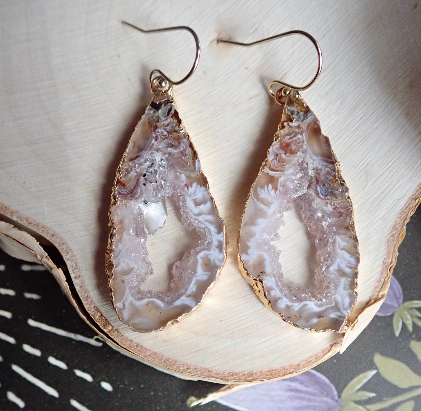 Natural Geode Slice Dangle Earrings – Swirled Druzy Centers Edged in 14k Gold, Statement Crystal Jewelry