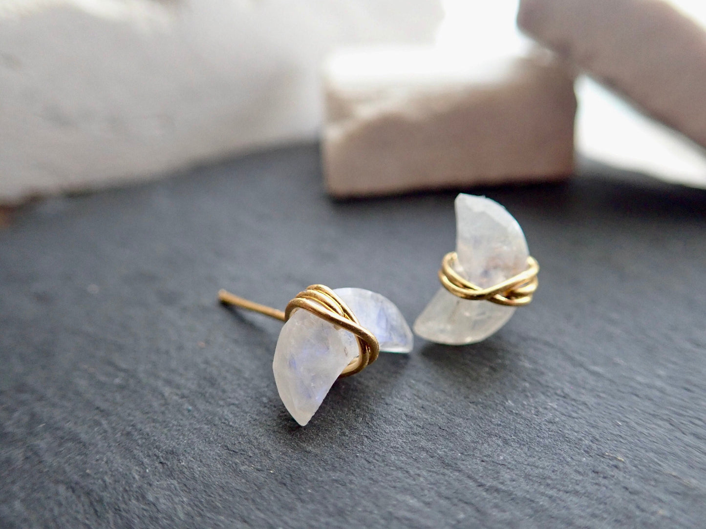 Moonstone Stud Earrings, Crescent Moon Post Earrings, Wire Wrap Gemstone Earrings,June Birthstone Gift, Moonstone Jewelry,Wire Wrap Crystal