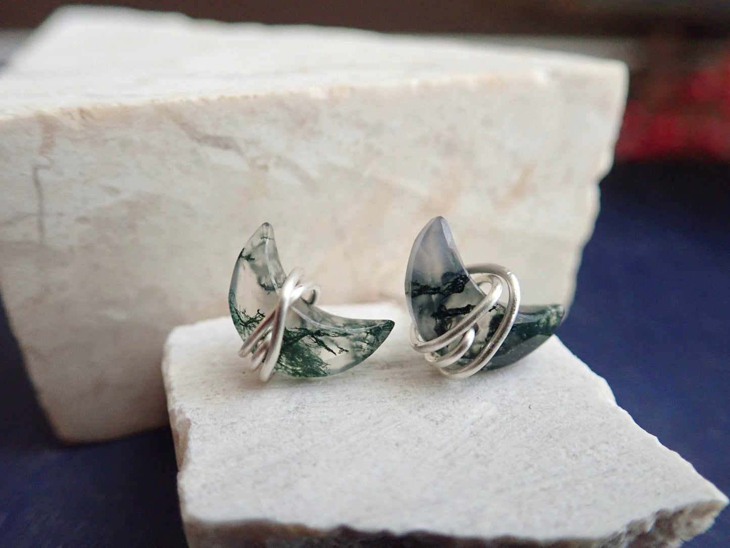 Crescent Moon Moss Agate Stud Earrings – Wire Wrapped in 14k Gold Fill or Sterling Silver, Handmade Crystal Jewelry