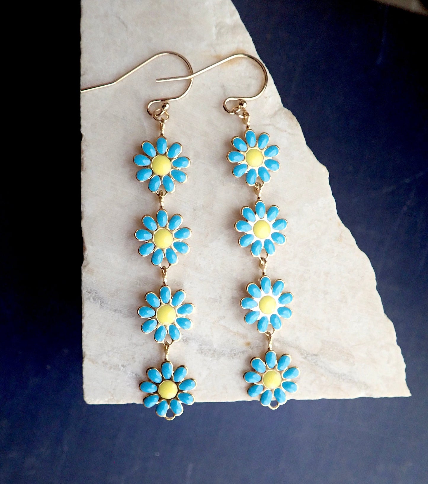 Colorful Daisy Dangle Earrings – Long Enamel Flower Drop Earrings in Pink, Baby Blue, or White – Coquette Floral Jewelry