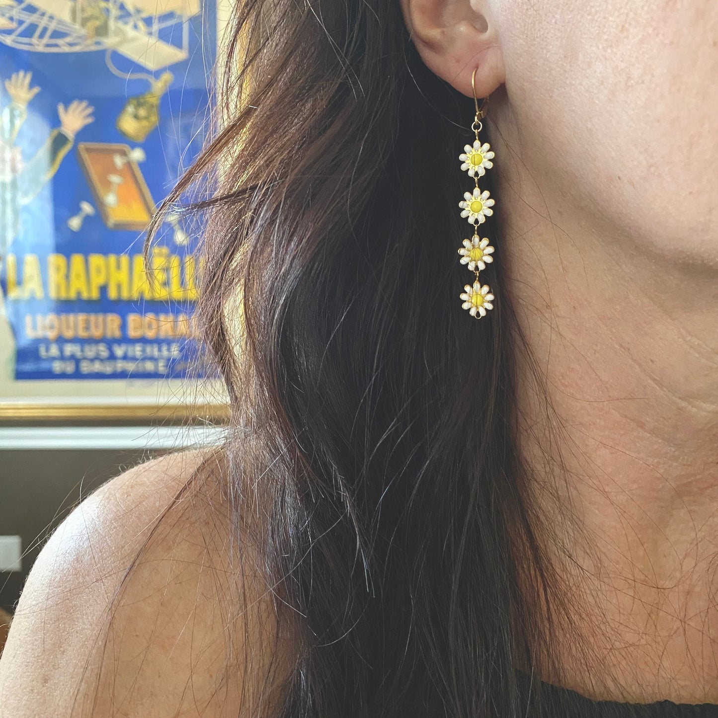 Colorful Daisy Dangle Earrings – Long Enamel Flower Drop Earrings in Pink, Baby Blue, or White – Coquette Floral Jewelry