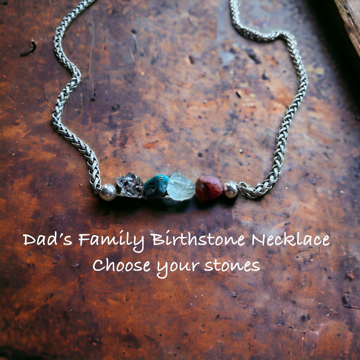 Custom Men’s Birthstone Necklace – Family Gemstones on Rugged Stainless Steel Wheat Chain