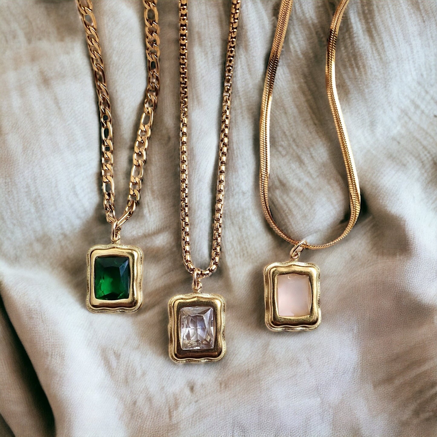 Gemstone Pendant Necklace WATERPROOF Jewelry, Minimalist Gemstone Statement Necklace, Layering Crystal Necklace, Rectangle Stone Pendant