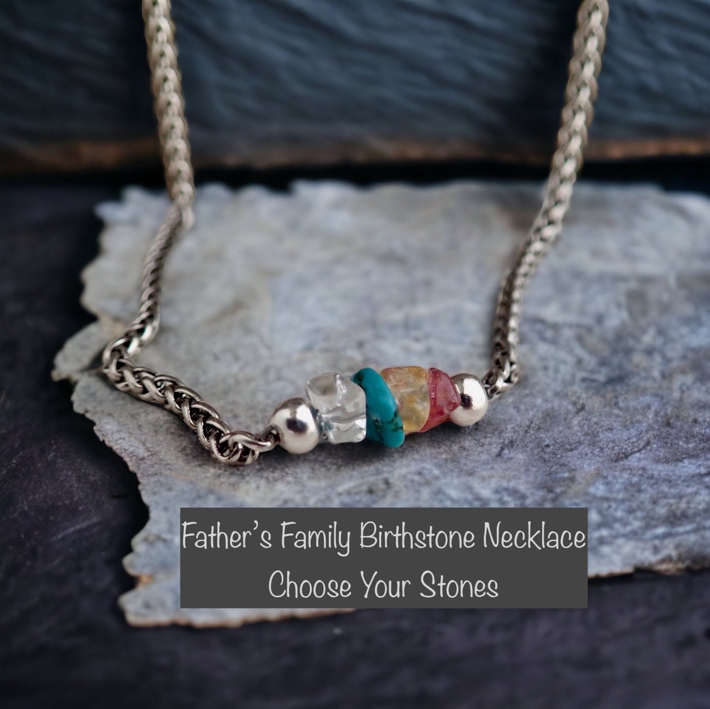 Family Birthstone Necklace for Dad – Raw Genuine Birthstones – Men's Stainless Steel Wheat Chain – Personalized Father’s Day Gift – Tarnish-Proof