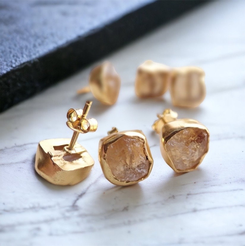 Raw Citrine Stud Earrings – 18k Gold Vermeil over Sterling Silver, Hypoallergenic