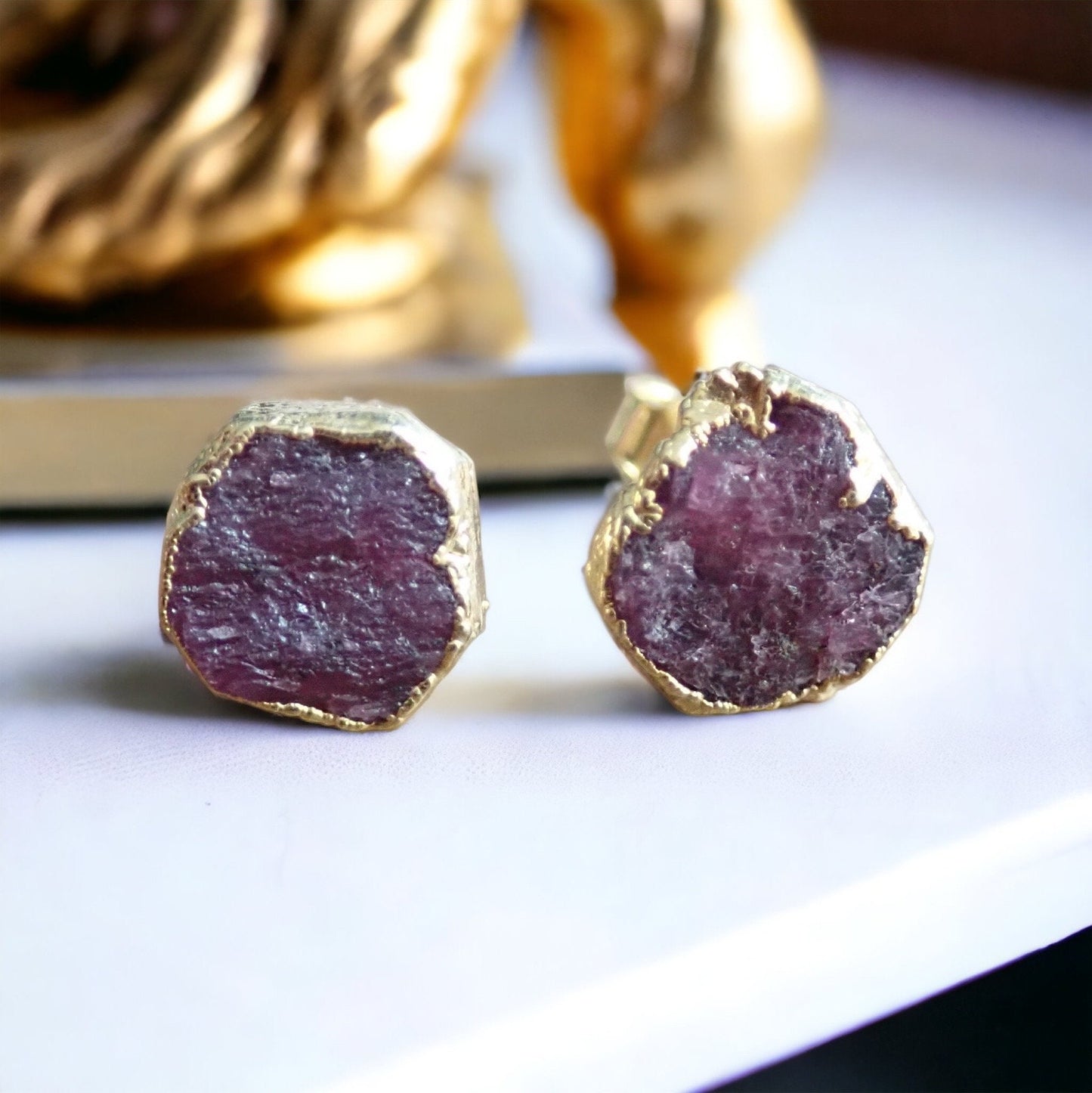 Raw Ruby Stud Earrings – Rough Gemstones in 14k Gold Over Sterling Silver, July Birthstone Jewelry