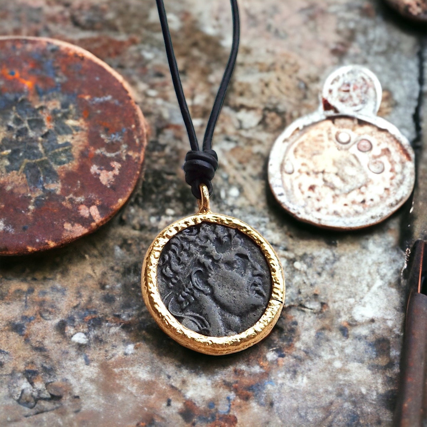 Men’s Leather Cord Necklace with Greek Coin Replica Pendant – Ancient Roman Greek History Jewelry